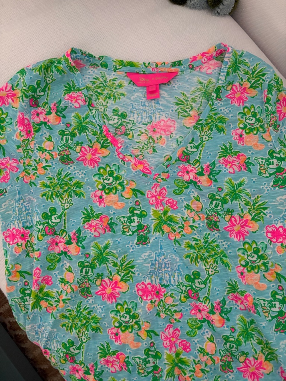 Lilly Pulitzer x Disney Floral Mickey Etta V-Neck Tee - Aqua, Pink & Green